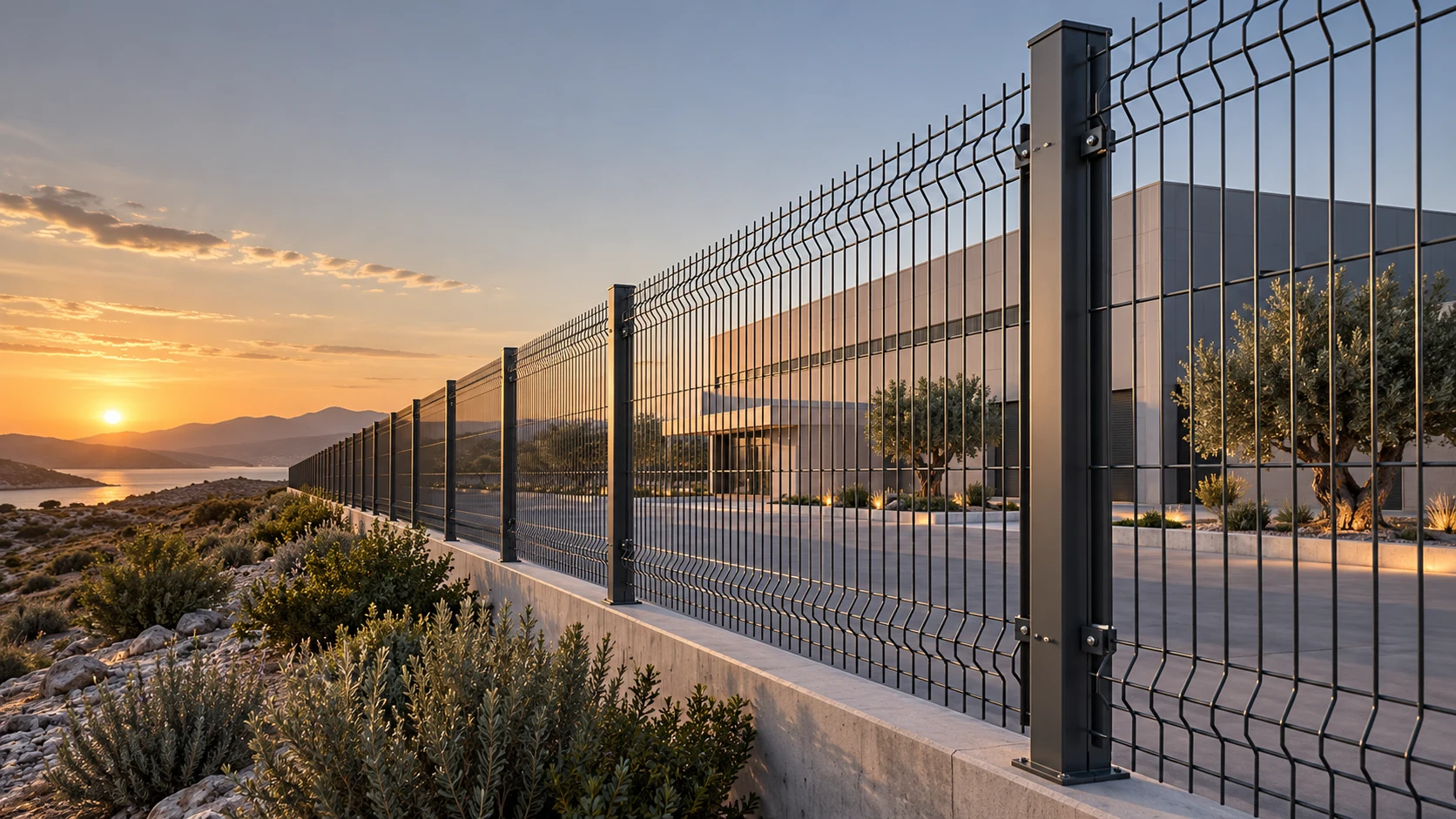 Εικαστική απεικόνιση μεταλλικής περίφραξης σύγχρονης βιομηχανικής εγκατάστασης